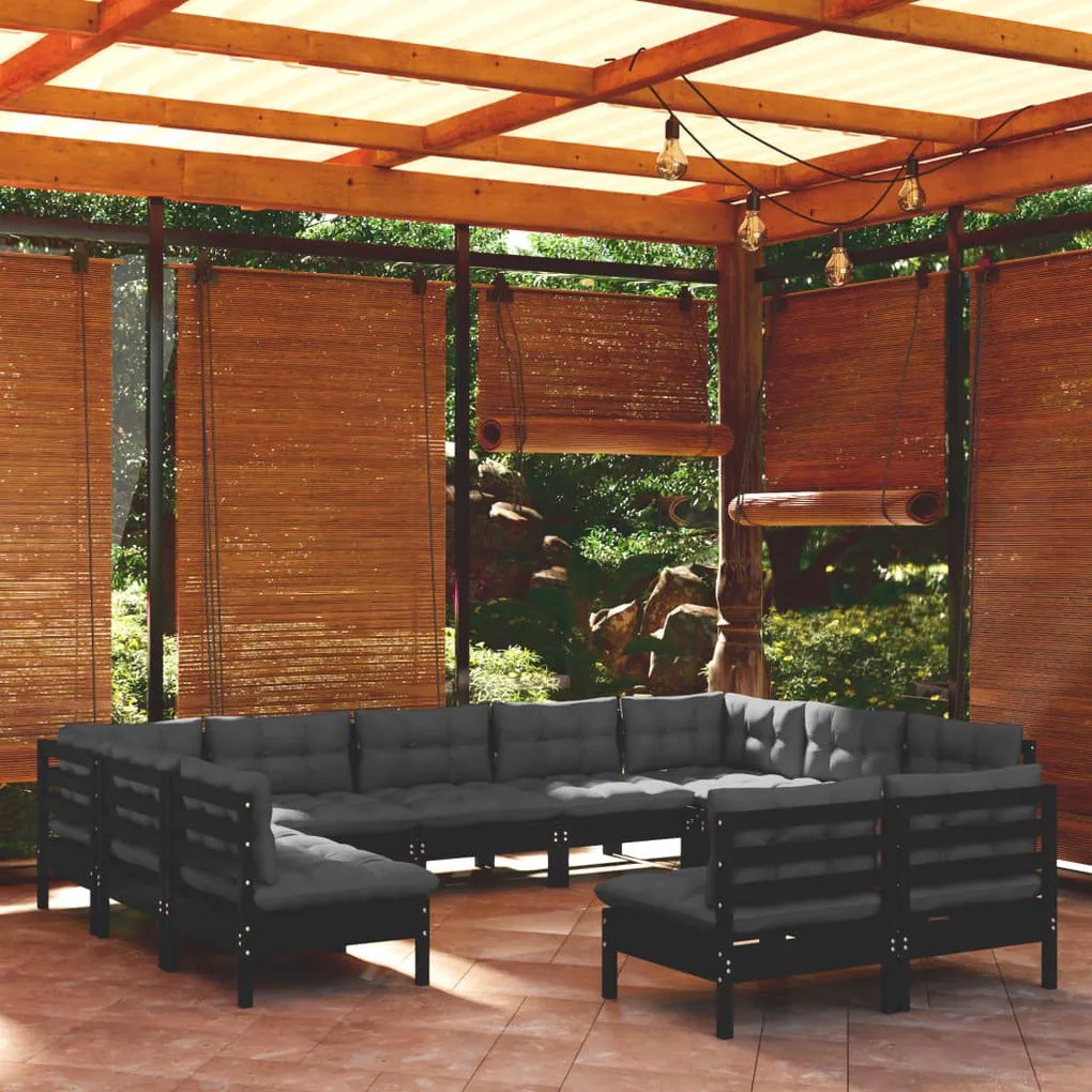 vidaXL 11 pcs conjunto lounge jardim c/ almofadões pinho maciço preto