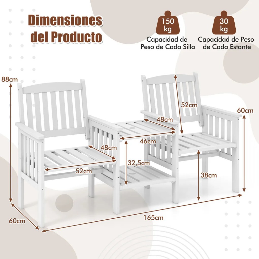 Banco de jardim exterior em madeira de abeto de 2 lugares 165 x 60 x 88 cm com mesa central de 2 níveis e orifício para guarda-sol de 5 cm para pátio