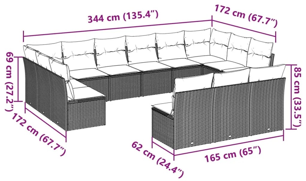 13 pcs conj. sofás jardim c/ almofadões vime PE cinzento-claro