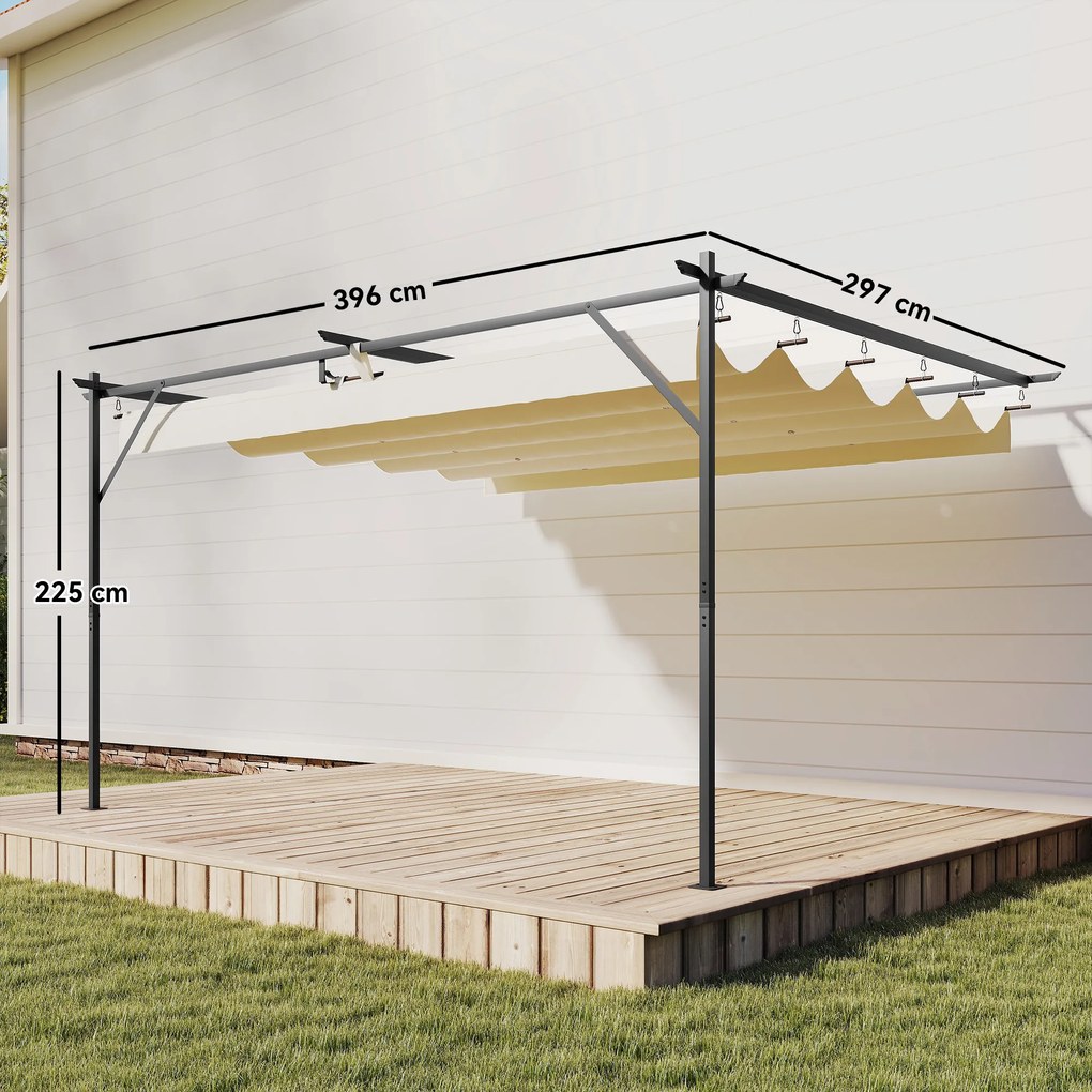 Pérgola de Parede de Jardim 4x3 m com Telhado Retrátil Proteção UPF30+ Drenagem Pérgola para Exterior Creme