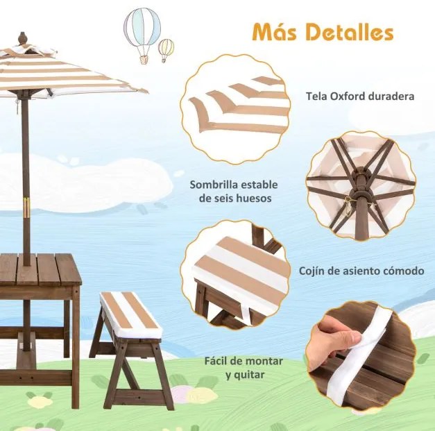 Mesa de piquenique jardim para crianças com guarda-sol com almofadas Castanho