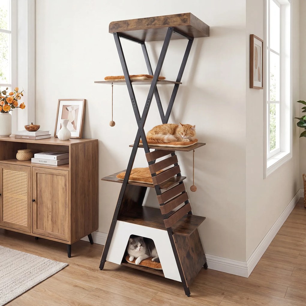 Arranhador para gatos de 185 cm, com vários níveis, 4 plataformas, almofadas, caverna, tapete para arranhar, elásticos e bolas suspensas, em Castanho