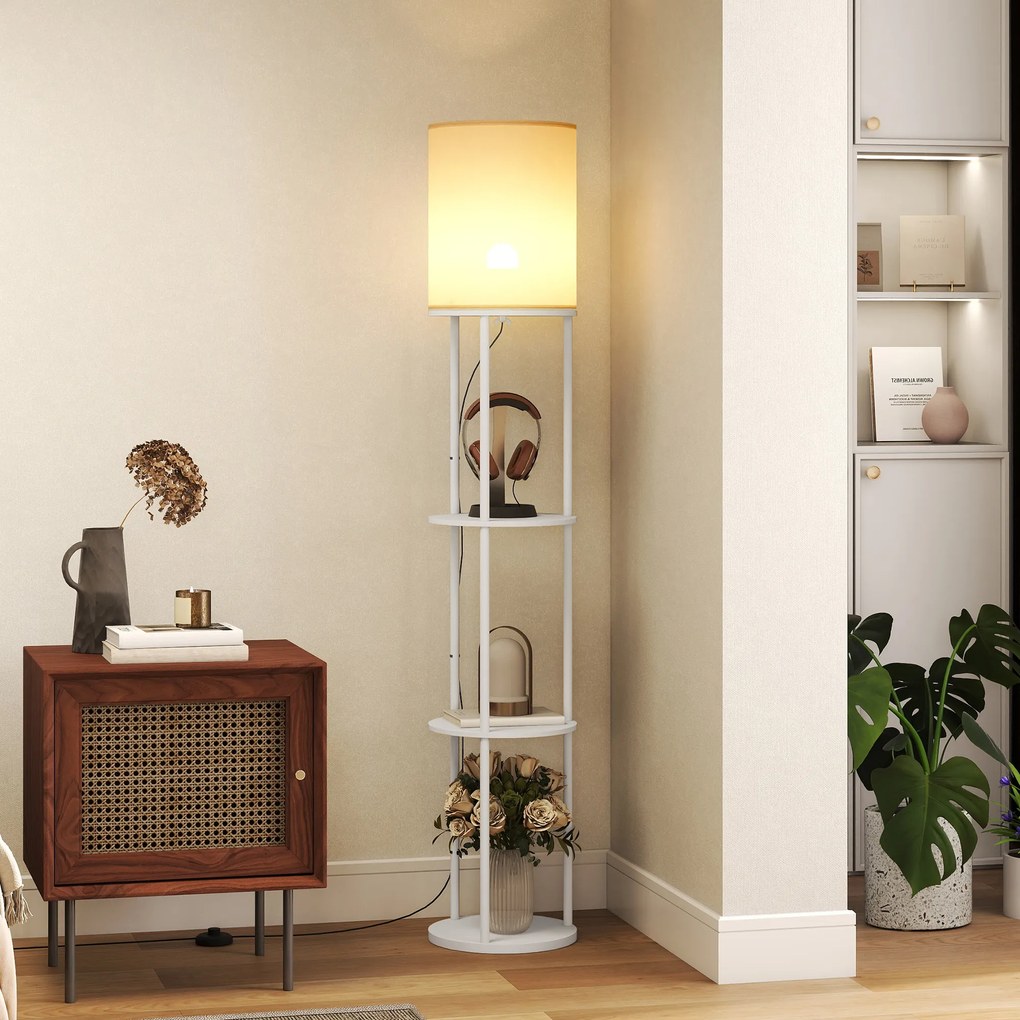 Candeeiro de Pé com Prateleiras 3 Temperaturas de Cor Controlo Remoto e Casquilho E27 Ø29x158 cm Branco
