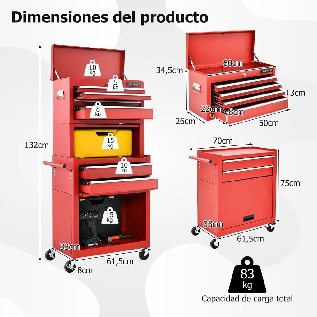 Carrinho de oficina com fechadura 9 compartimentos e ferramentas de rolamento de forro EVA 2 em 1 para garagem 61,5 x 33 x 132 cm Vermelho