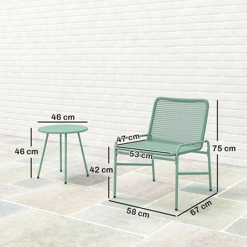 Conjunto de jardim de 3 peças para exterior em resina trançada e aço, mesa redonda de jardim com 2 cadeiras verde