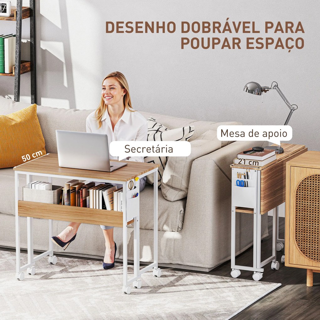Secretária Dobrável com Rodas e Prateleira Mesa Secretária Compacta com Bolsa de Armazenamento 80x50x75 cm Madeira e Branco