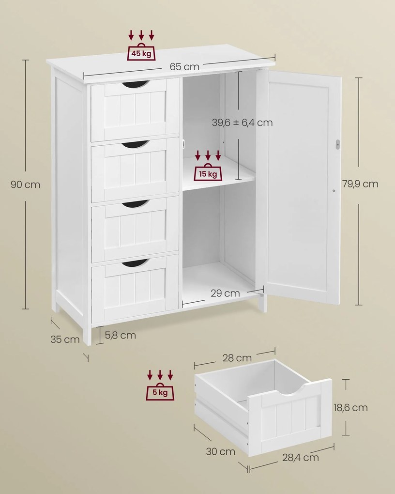 Armário de casa de banho estreito com 4 gavetas 35 x 65 x 90 cm branco