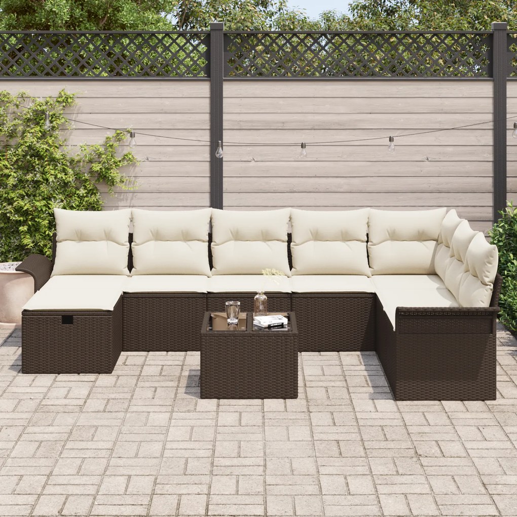 Conjunto de Sofá de Jardim com Almofadas Castanho Rattan Poliéster