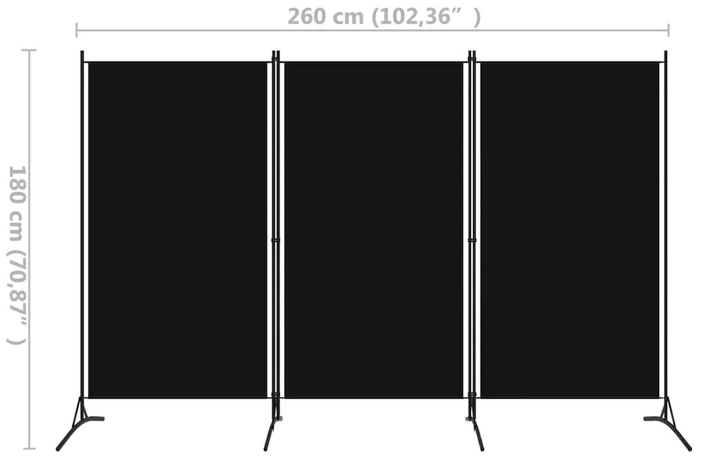 Divisória de quarto com 3 painéis 260x180 cm preto