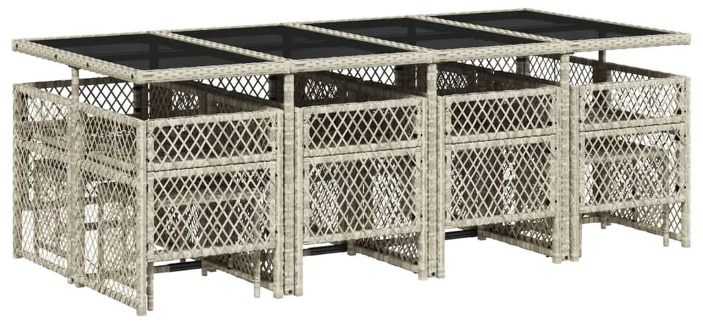 13 pcs conj. jantar jardim c/ almofadões vime PE cinzento-claro