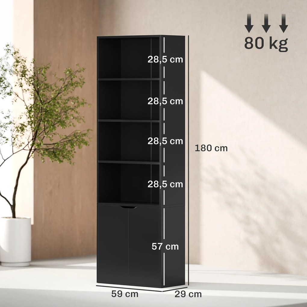 Estante para Livros de 6 Níveis Portas e 4 Prateleiras Abertas para Sala Escritório 59x29x180 cm Preto