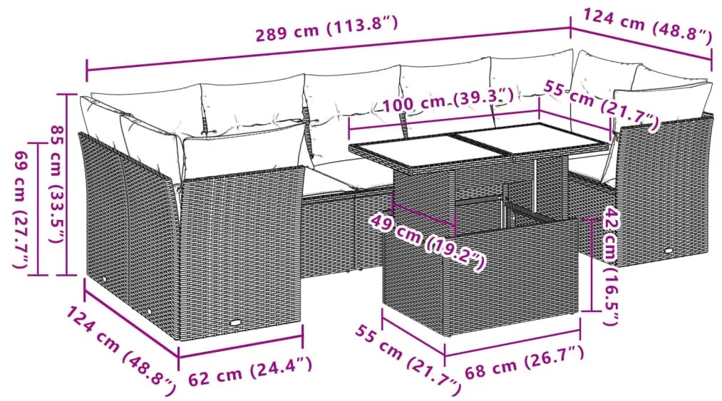 8 pcs conjunto sofás de jardim com almofadões vime PE preto