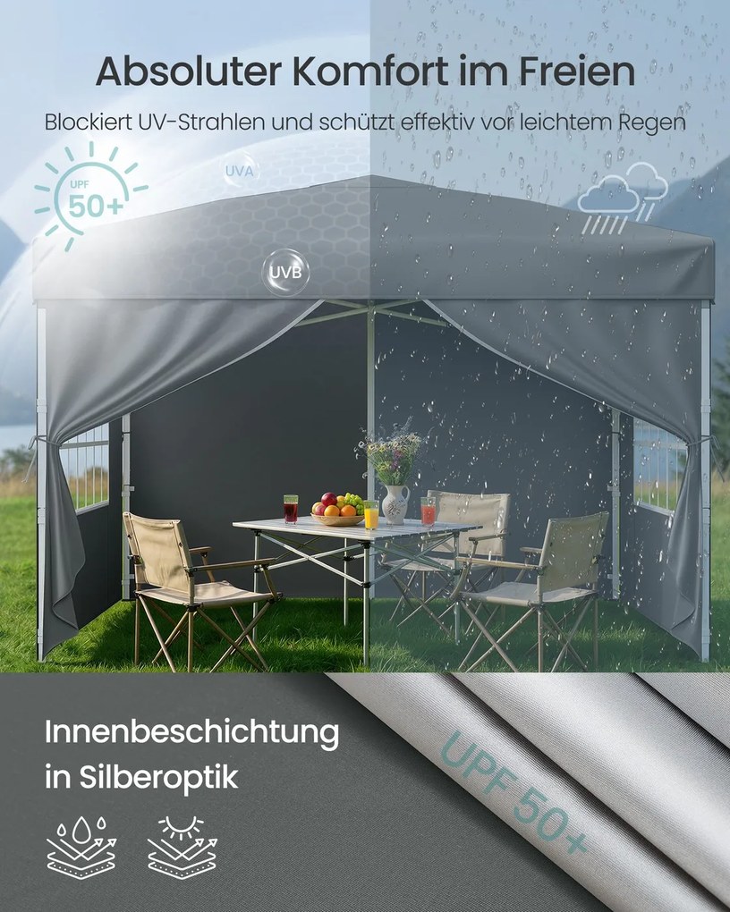 Tenda dobrável de 3 x 3 m para jardim e festas, com 4 paredes laterais, cinzento escuro