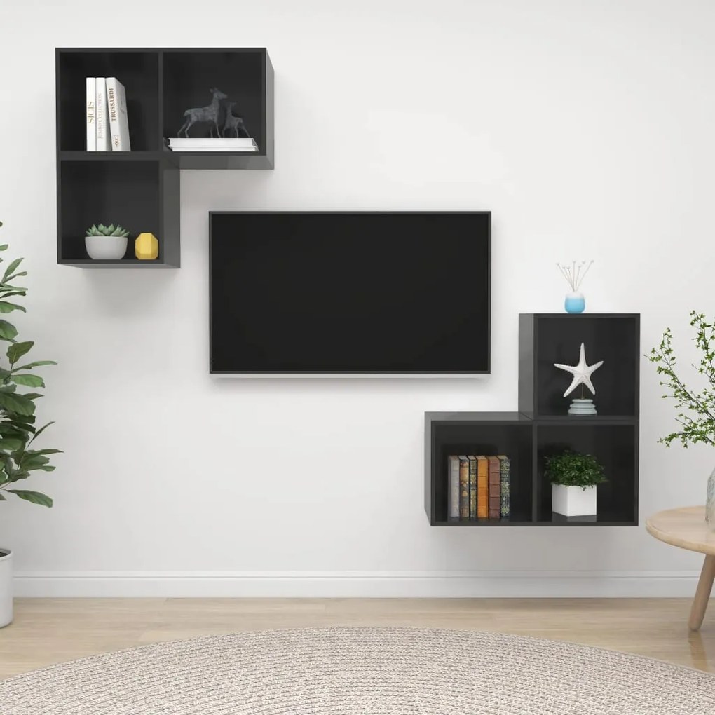 vidaXL 4 pcs conjunto de móveis de TV contraplacado cinzento brilhante