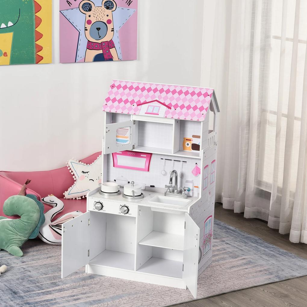 HOMCOM 2 em 1 binquedo de cozinha Casa de bonecas 3 andares com 12 acessórios incluidos para crianças acima de 3 anos 60x 48x 106 cm rosa