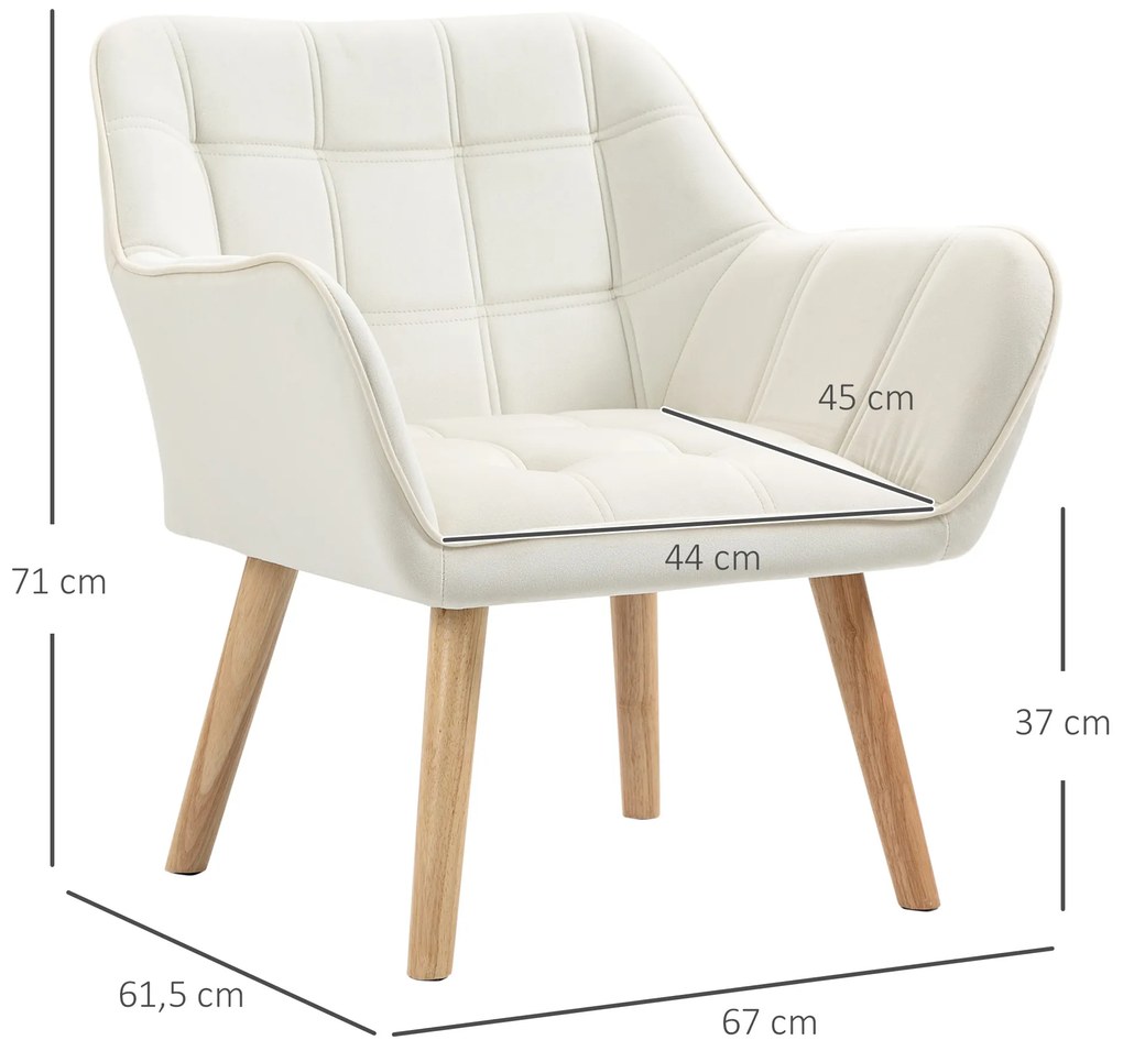 Poltrona Moderna Poltrona de Leitura Estofada em Veludo com Assento Amplo Pés em Madeira 67x61,5x71 cm Creme
