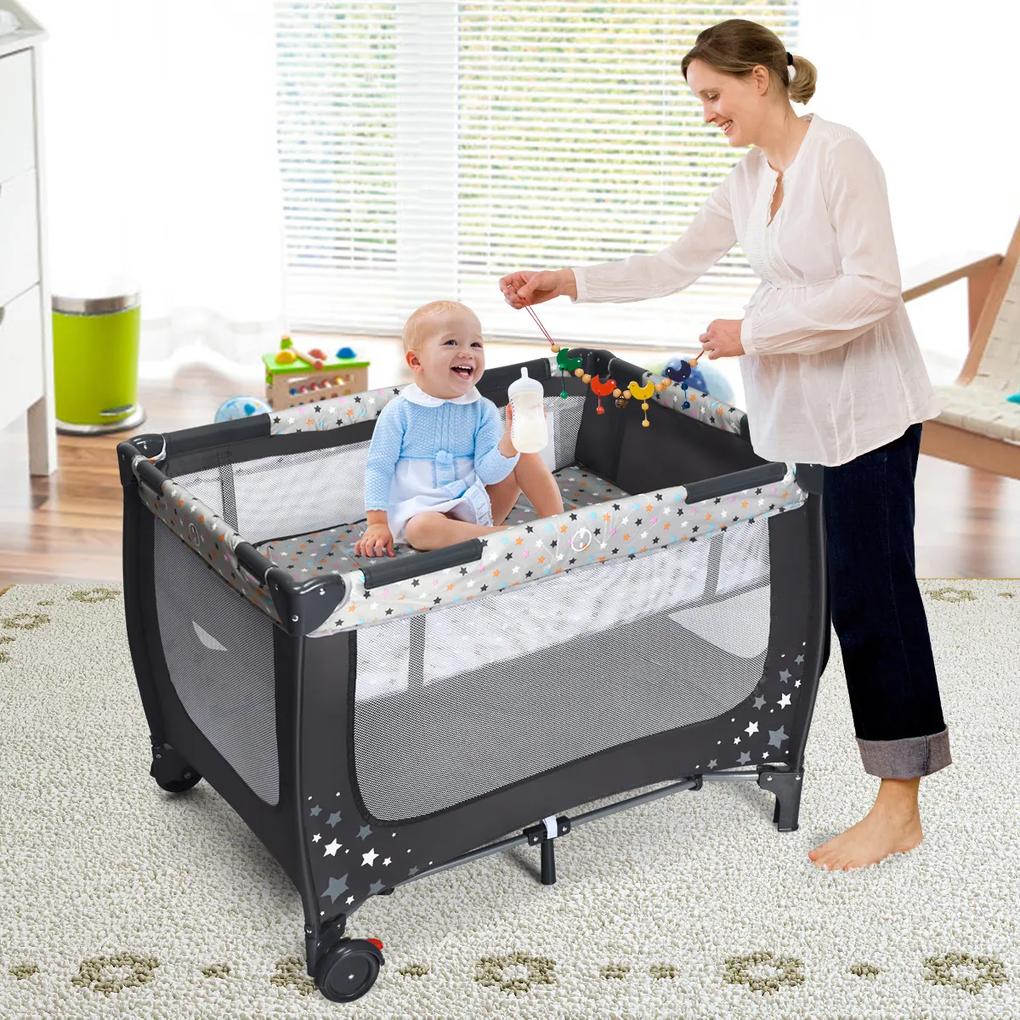 Berço infantil portátil dobrável com 2 rodas com centro de actividade 125 x 65 x 76 cm Cinzento