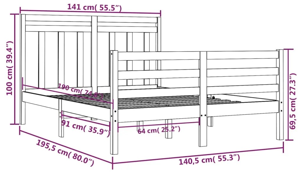 Estrutura de cama casal 135x190 cm madeira maciça branco