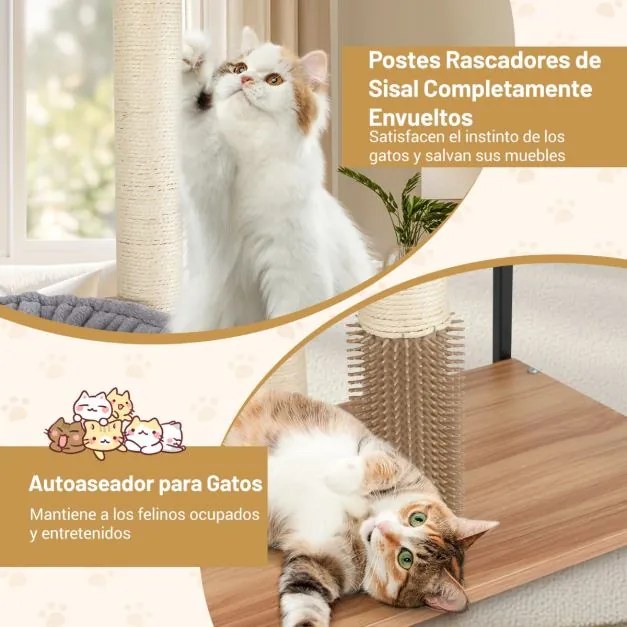 Arranhador para gatos com 160 cm de altura e estrutura metálica Plataformas de poleiro Rede e poste de arranhar para gatos com escovagem automática Na