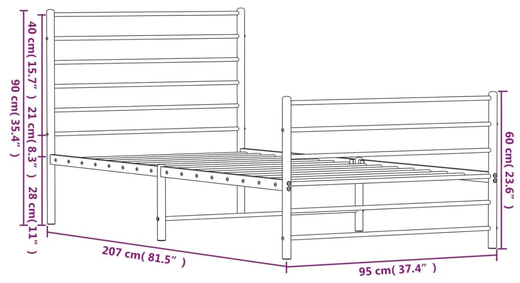 Estrutura de cama com cabeceira e pés 90x200 cm metal branco