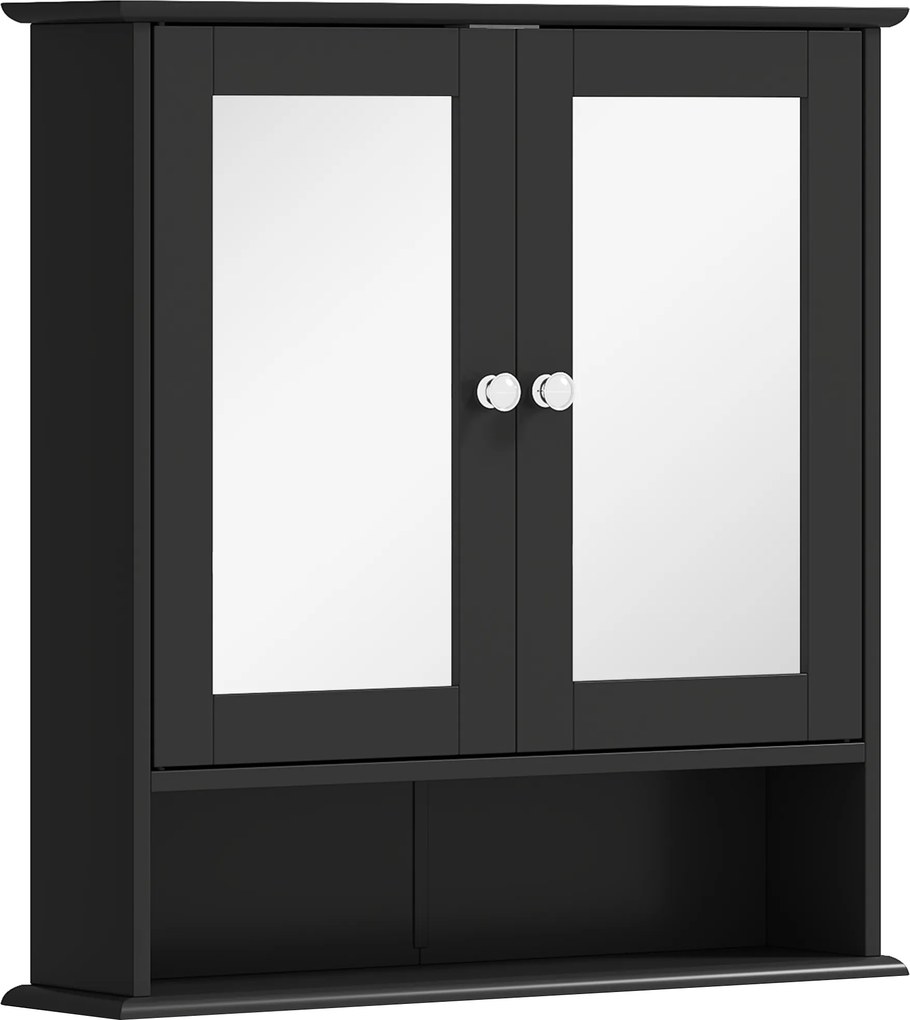 kleankin Armário de Casa de Banho com Espelho Armário de Parede com 2 Portas Prateleira Aberta e Ajustável 56x13x58cm Preto | Aosom Portugal