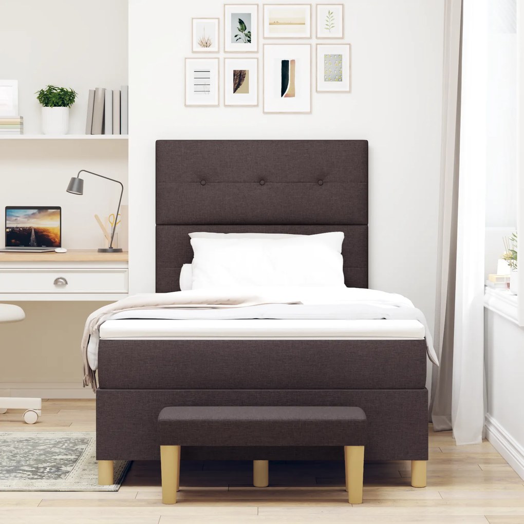 Cama Box Spring com Colchão e Banco Marrom Escuro 120x190 cm Tecido
