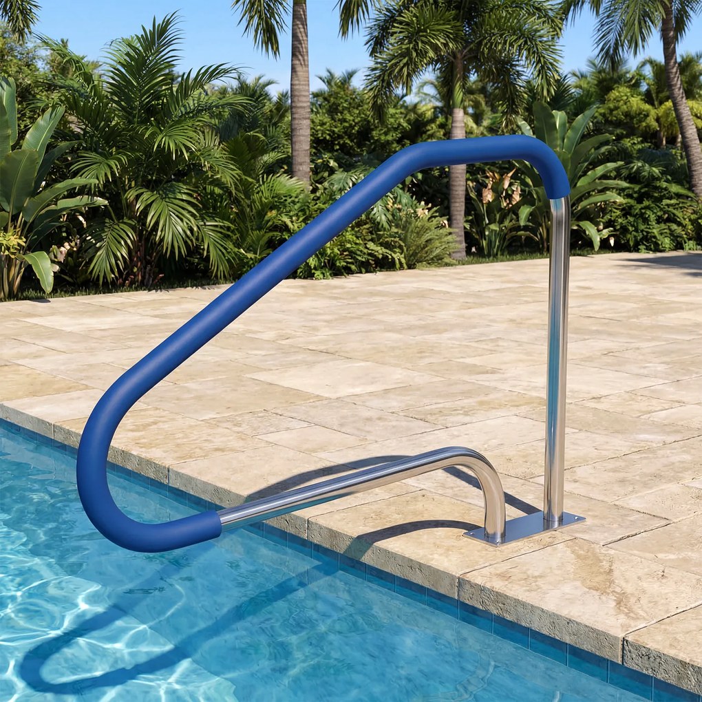 Conjunto de 2 corrimões de piscina em aço inoxidável com capa antiderrapante e base de instalação rápida para interior e exterior