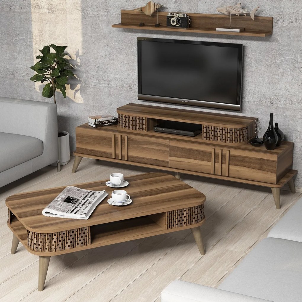 Conjunto de Mobiliário de Sala de Estar Eylül – Nogueira – TV: 168x51,