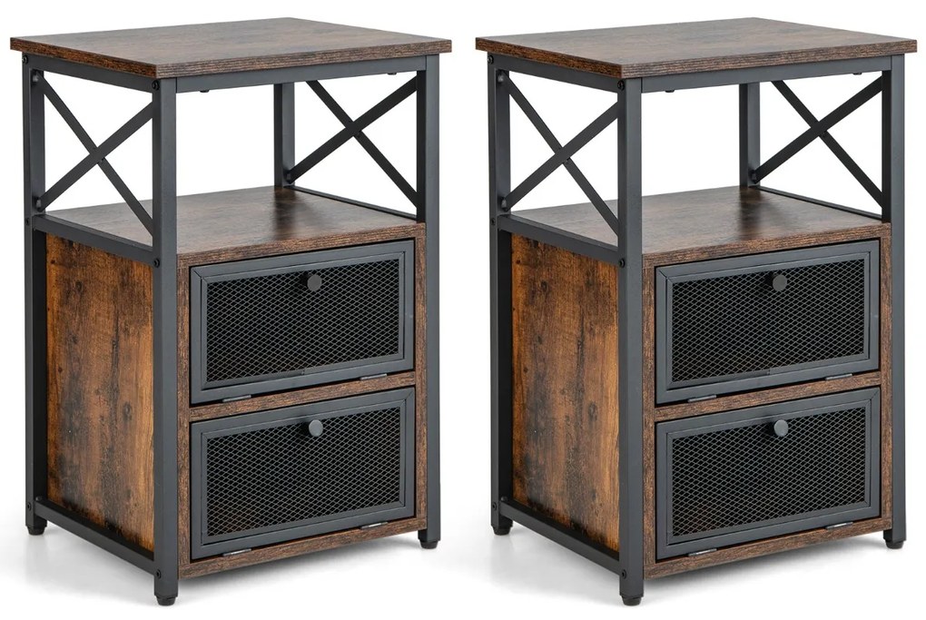Conjunto 2 Mesa de cabeceira ou Mesas apoio 61 cm x 40 cm x 35 cm com 3 níveis industrial e 2 gavetas rebatíveis Estante aberta Castanho