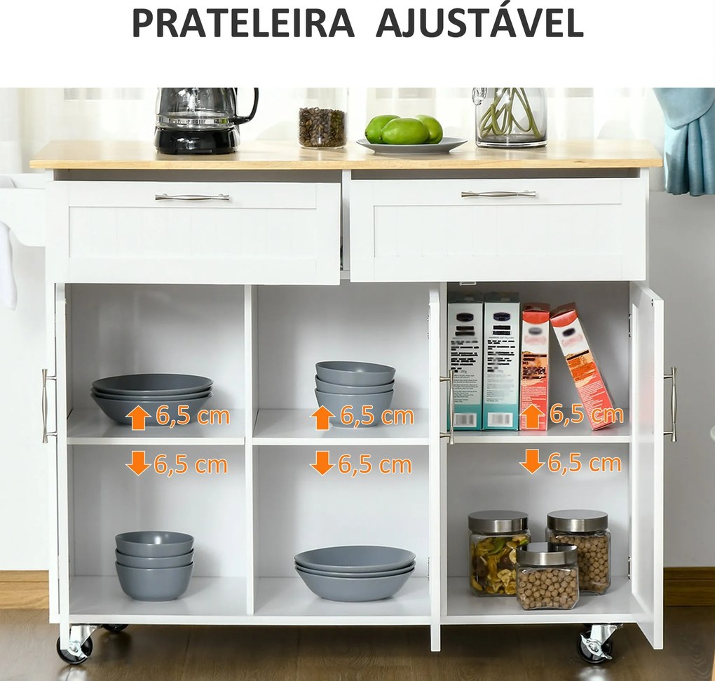 Carrinho/Ilha de Cozinha "Gourmet" com Rodas – 121x46x91 cm – Branco e