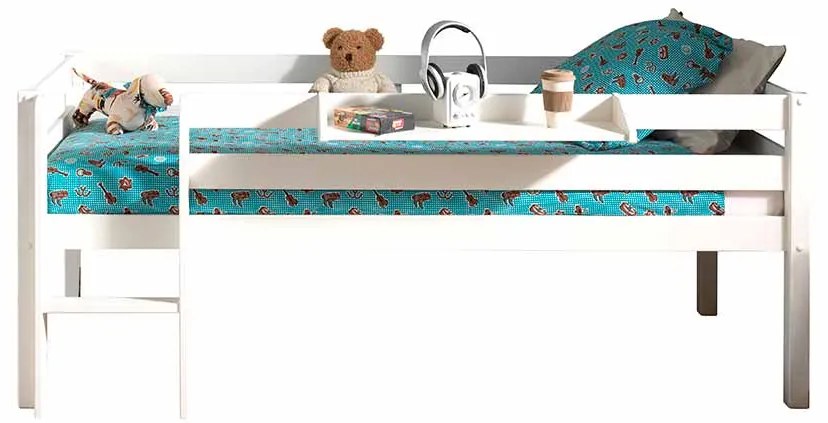 Conjunto Cama alta de Criança PINO 90 x 200 cm + estrado + escada + prateleira suspensa Branca