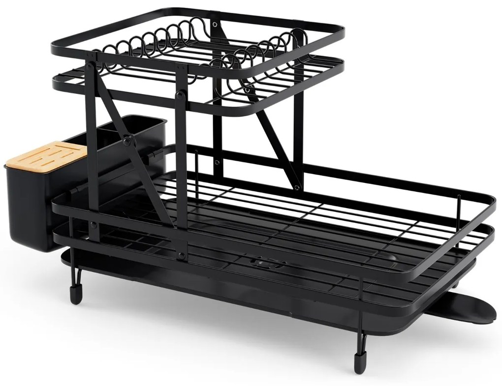 Conjunto de escorredor duplo e secador de louça, escorredor de metal de 2 camadas com suporte para utensílios cozinha Preto