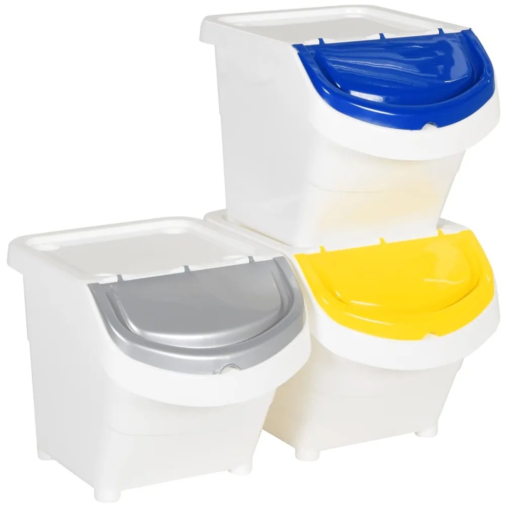 Caixotes do lixo com tampa empilháveis 3 pcs 78 L PP branco