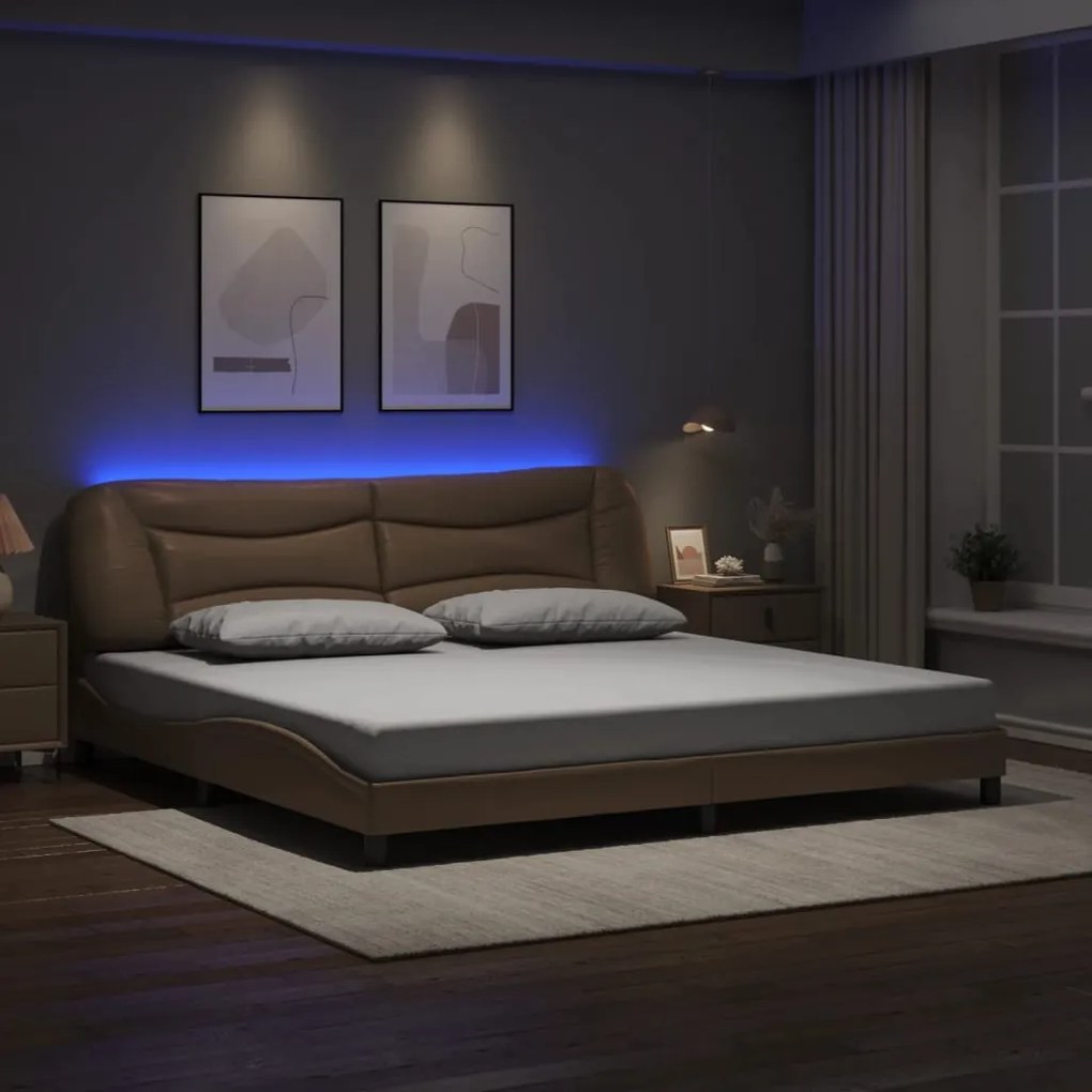 Estrutura cama c/ luzes LED 200x200 cm couro artif. cappuccino