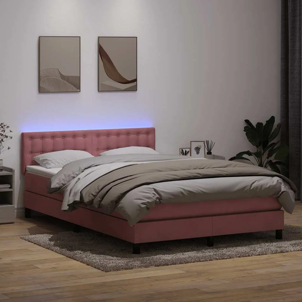 vidaXL Cama box spring c/ colchão e LED 160x210 cm veludo rosa