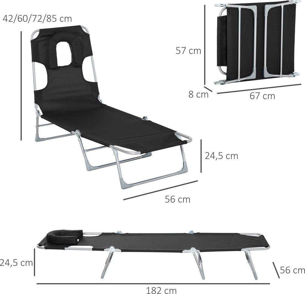 Espreguiçadeira de Jardim Reclinável e Dobrável com Orifício de Leitura Apoio para Cabeça e Encosto Ajustável em 5 Níveis para Praia 182x56x24,5 cm Pr