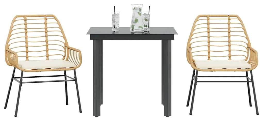 Conjunto jantar jardim 3 peças almofadas vidro vime PE castanho