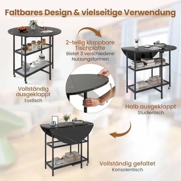 Mesa de jantar, cozinha dobrável 100 x 100 x 80 cm com aparência de mármore, mesa portátil dobrável para 2-4 pessoas, preta