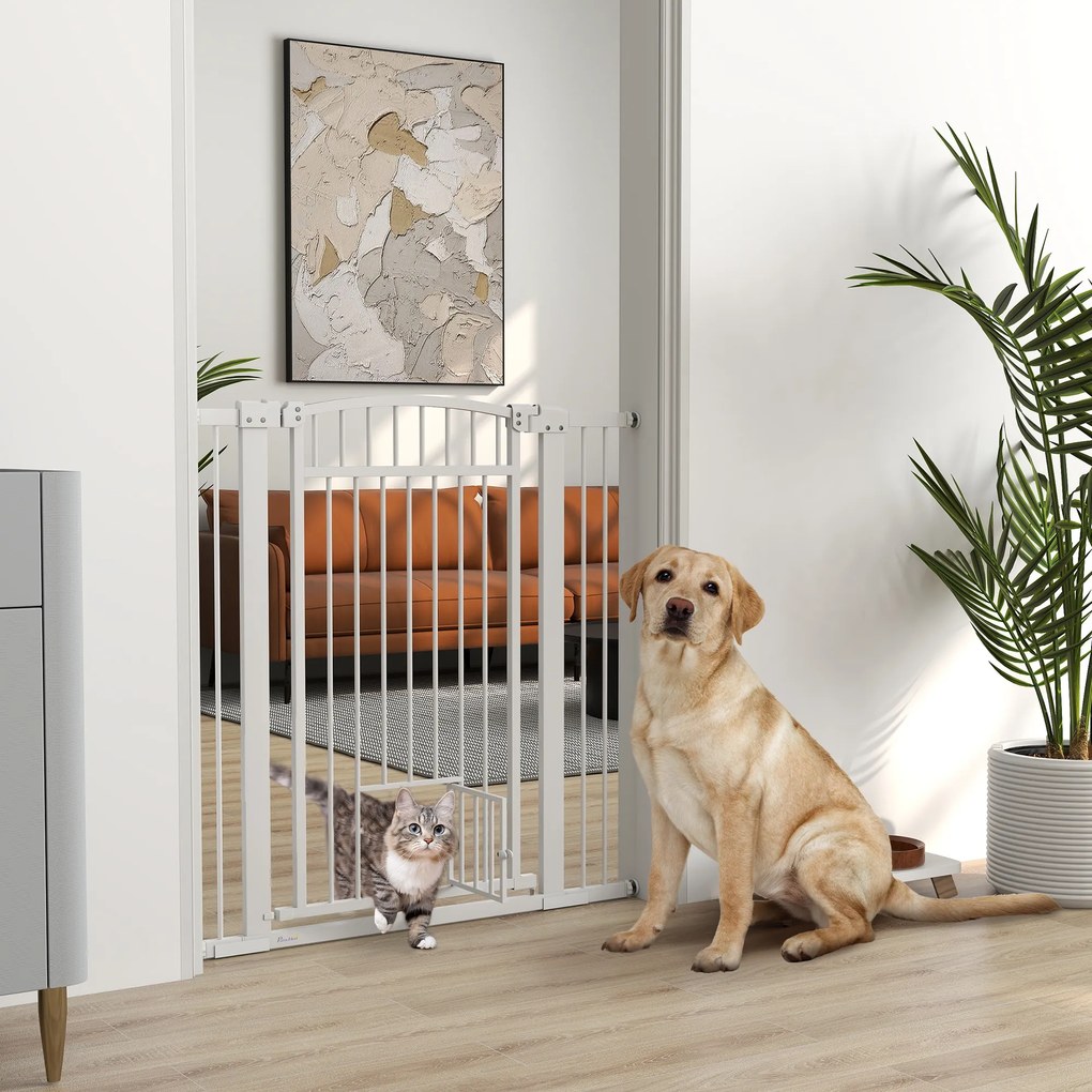 Barreira para cães, largura ajustável de 76 a 102 cm, barreira extra larga com porta para gatos, branca