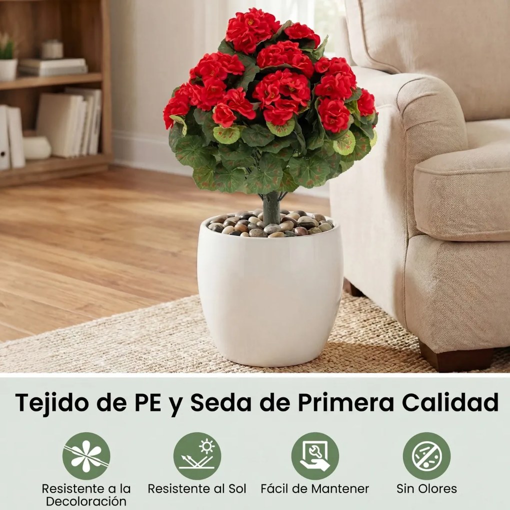 Conjunto de 2 árvores topiárias artificiais de begónia com 22 flores (VASOS NÃO INCLUIDOS), 300 folhas e estacas com terra, 57 cm, para interior, exte