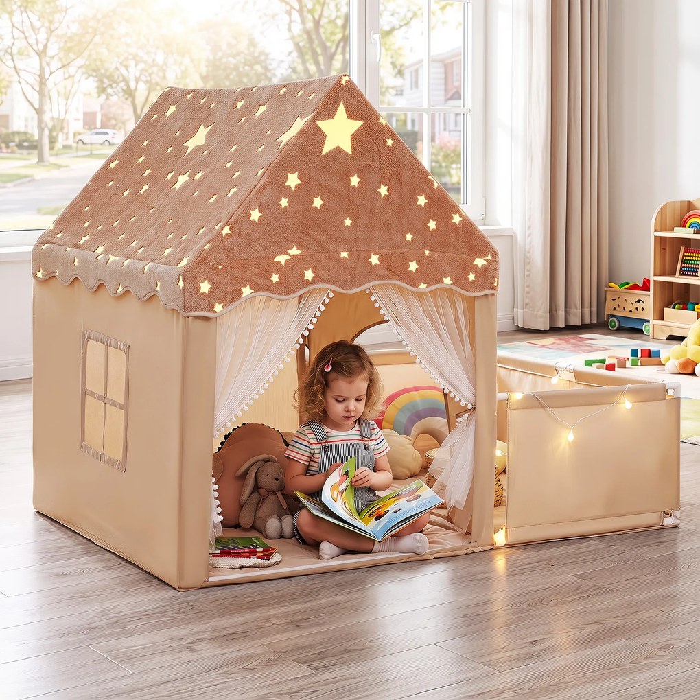 Casa de Jogos Infantil 2 em 1, 169 x 120 x 136 cm, Luzes Estreladas, Bege