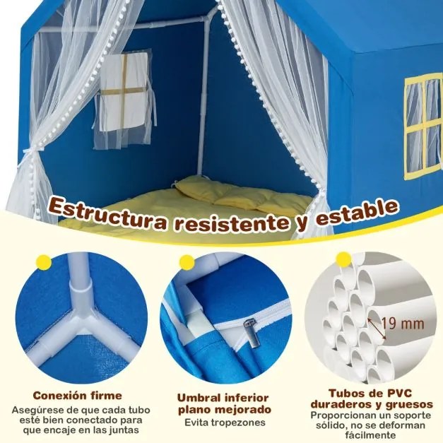 Tenda Infantil com Tapete de Algodão Lavável, Luzes de Estrelas e Janelas 122 x 105 x 125 cm Azul