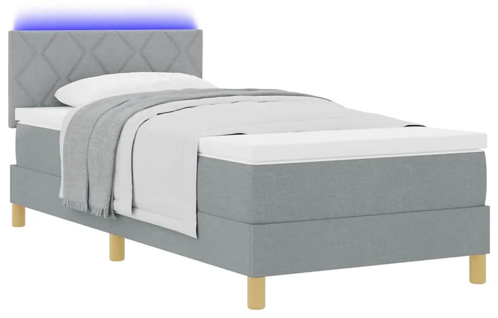 Cama Box Spring com Colchão &amp; Luz LED Cinza Claro 100x200 cm Tecido