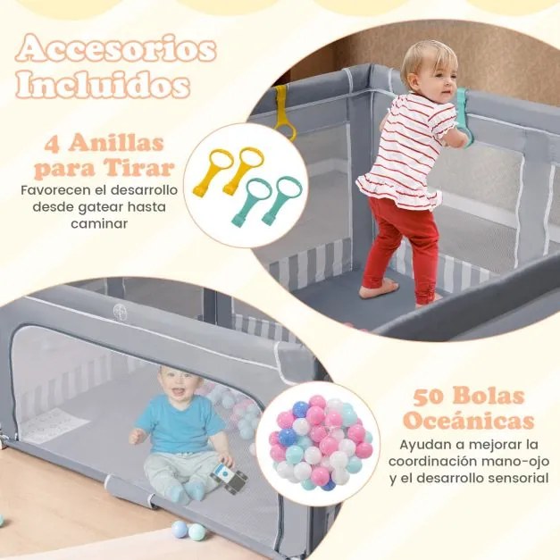 Parque infantil para bebés 127 x 127 x 72,5 cm. com 50 bolas oceânicas e 4 pegas, com porta com fecho de correr para 0-3 anos. Cinza escuro
