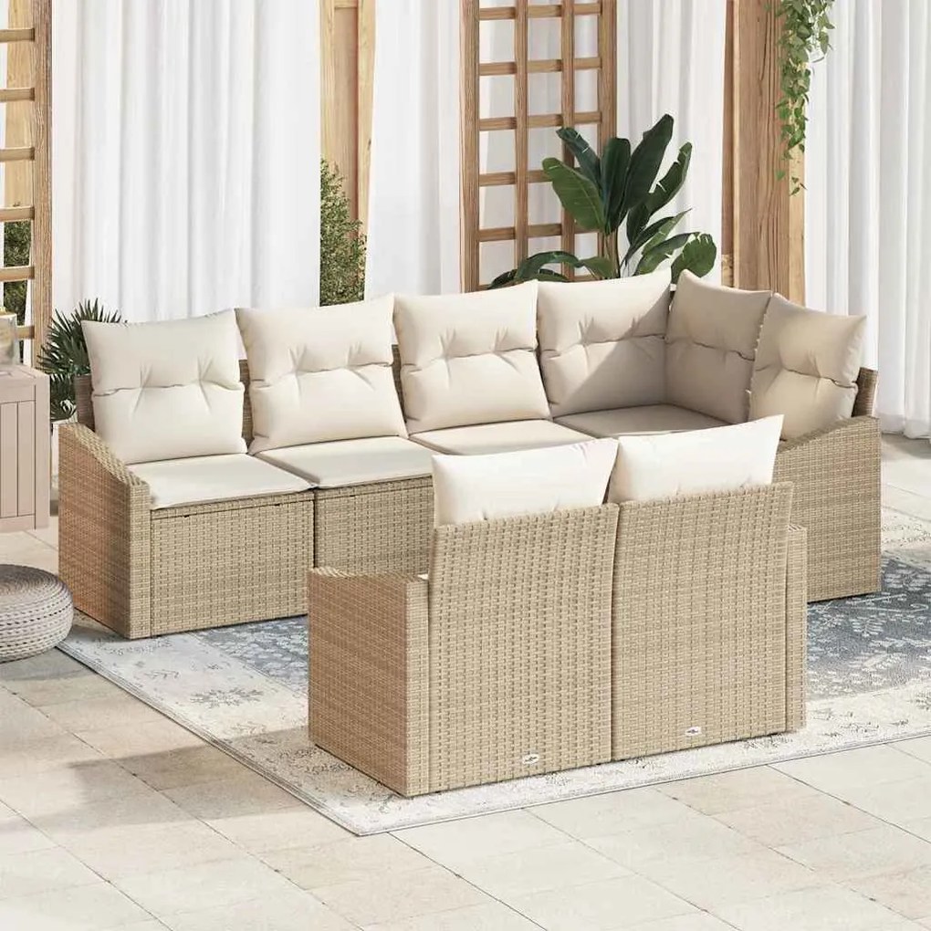 vidaXL Conjunto de Jantar de Jardim 7 Peças com Almofadas Beige em Rattan Sintético