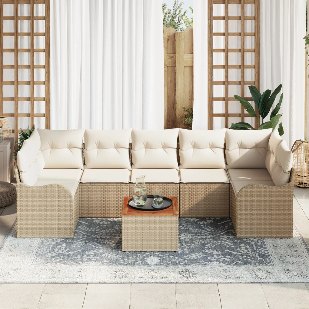 Conjunto de Sofá de Jardim de 8 Peças com Almofadas Bege Rattan Poliés