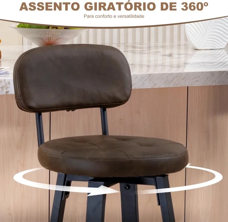 Conjunto de 2 Bancos de Bar Bancos Altos de Cozinha Giratórios Estofados em PU com Apoio para os Pés 35,5x43,5x98 cm Castanho Escuro