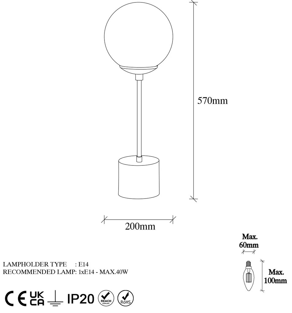 Candeeiro de Mesa Globo – Preto e Creme – 20 x 20 x 57 cm