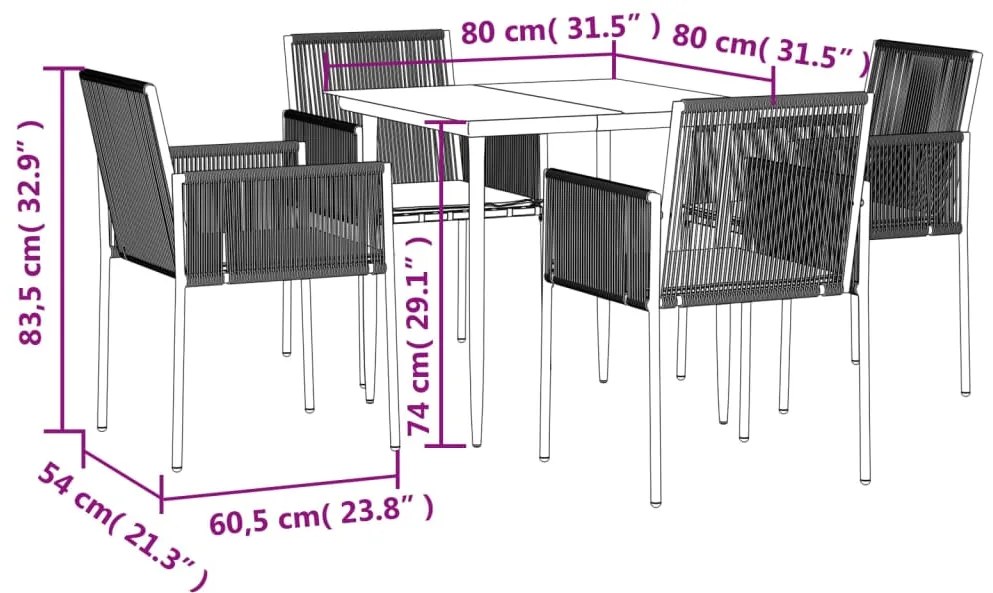 5 pcs conjunto jantar p/ jardim c/ almofadões vime PE/aço preto