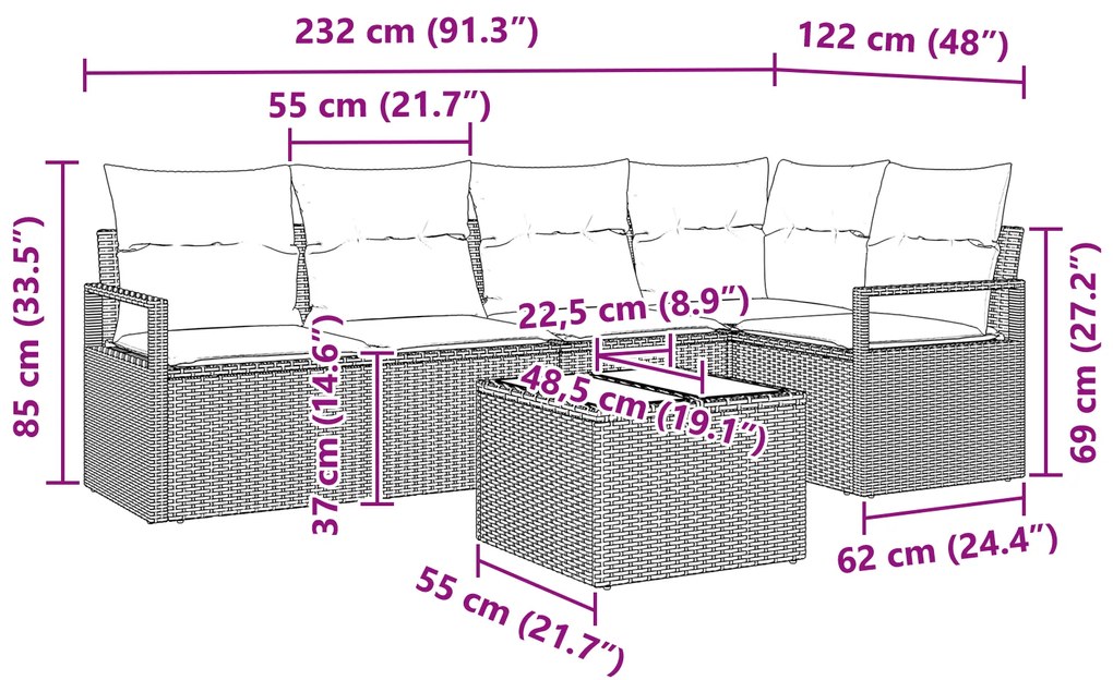Conjunto de Sofá de Jardim 6 Peças com Almofadas de Rattan Poliéster M
